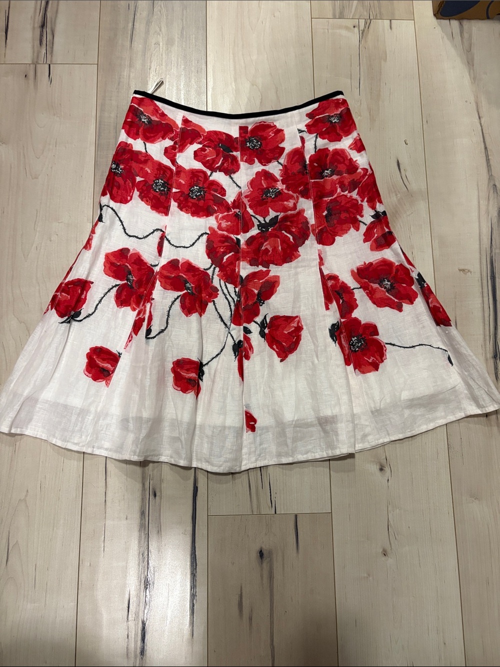 Linen White Floral A-Line Skirt with Red Poppy Print s6 - Picture 3 of 6